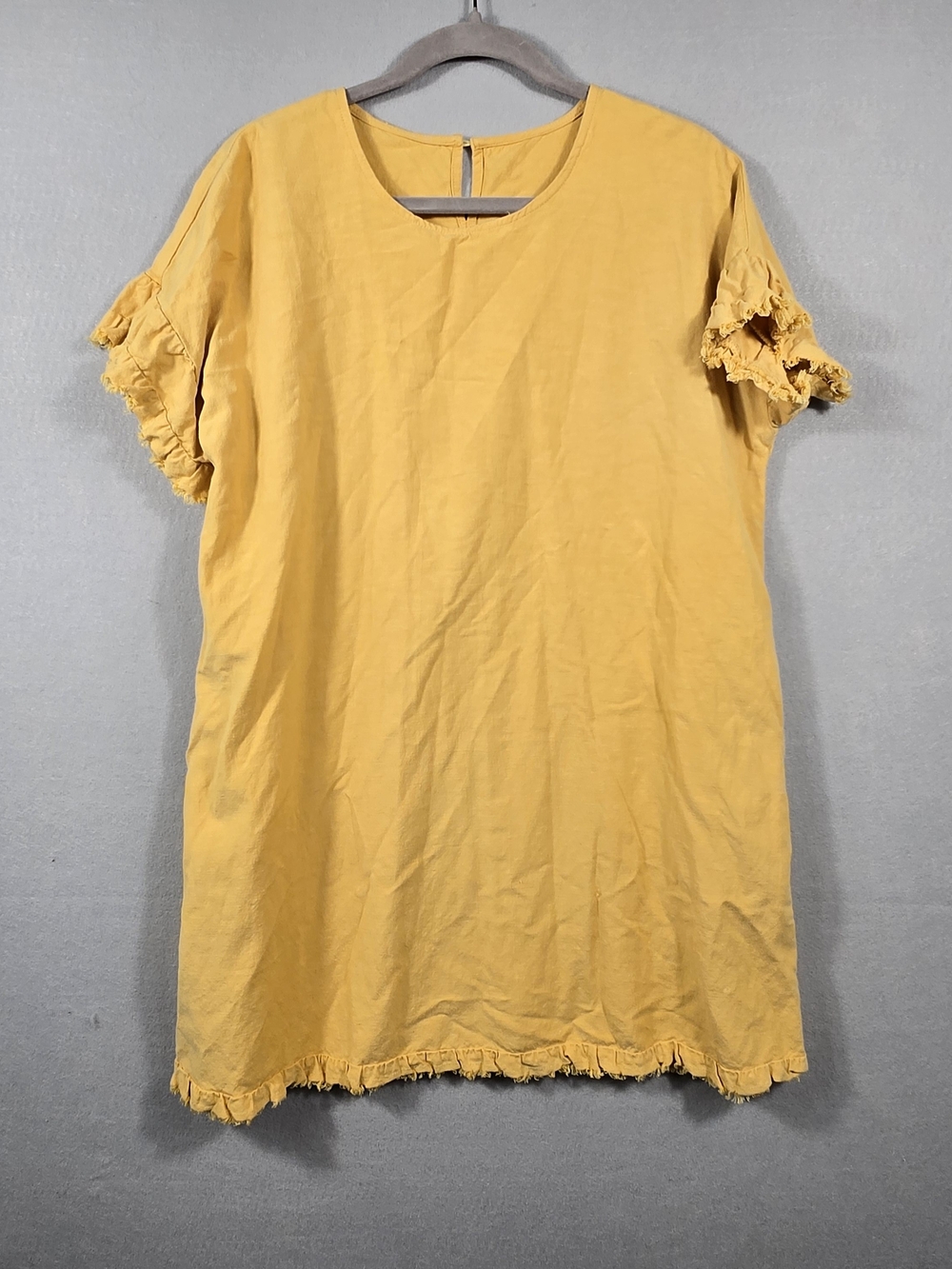 Mustard Yellow Cotton Linen Blend Boho Shift Dress - Size Large
